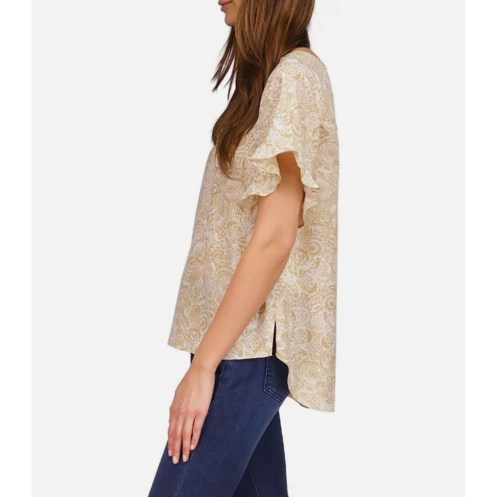 Michael Kors Women Beige Paisley Satin Boho Casual Ruffle Sleeve Top Size M
